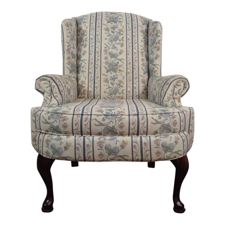 Vintage Broyhill Floral Upholstered & Mahogany Wingback Armchair Chairish