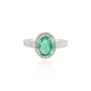 Glamorous 1.59ct Emerald Halo Diamond Engagement Ring Size 7 in 18k Gold For Sale