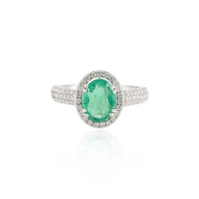 Glamorous 1.59ct Emerald Halo Diamond Engagement Ring Size 7 in 18k Gold For Sale