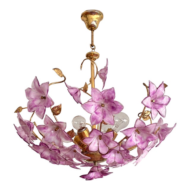 1980s Italian Style Hand-Painted Pink and Purple Murano Glass Floral Chandelier - 4-Light⁠ For Sale