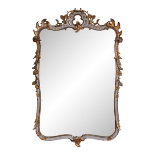 Large Painted and Gilt Wood Mirror, Ornate Crest, Early 20th Century For Sale