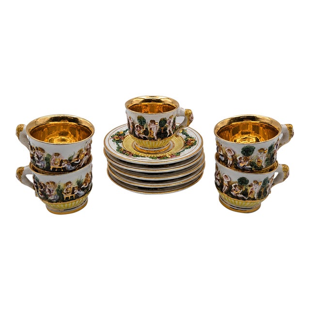 Mid 20th Century Italian Rococo Revival R. Capodimonte Porcelain Demitasse Tea Set of 5 - 10 pcs For Sale
