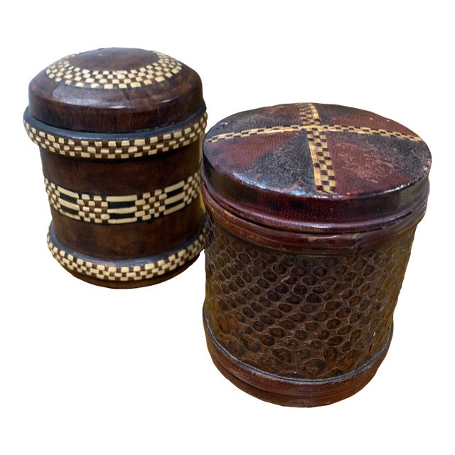 Pair of 1940s Vintage Decorated Leather Tobacco Tins For Sale
