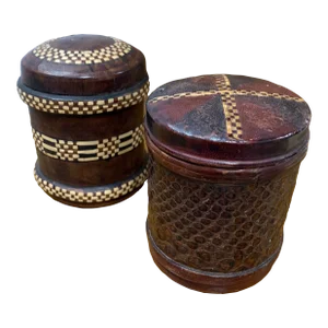 Pair of 1940s Vintage Decorated Leather Tobacco Tins