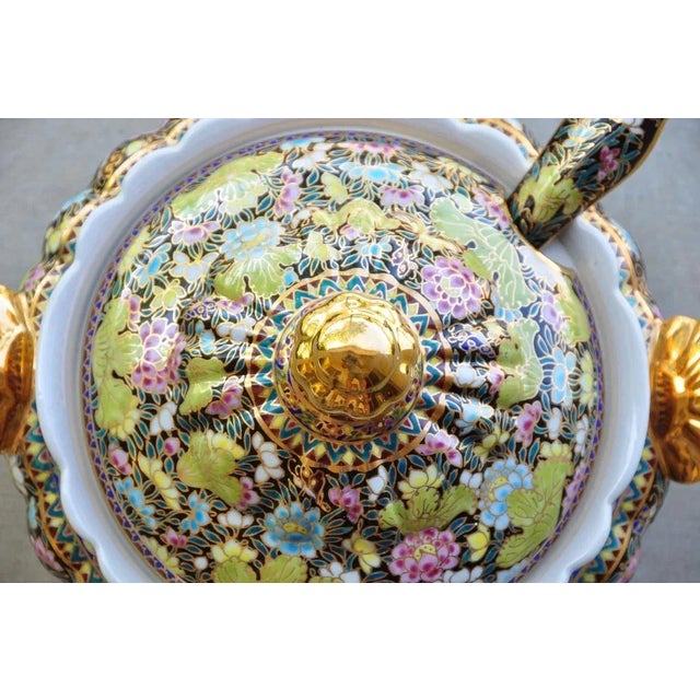 Thai Benjarong Porcelain Soup Tureen & Ladle Set With Hand-Painted Floral Decorations For Sale - Image 10 of 13