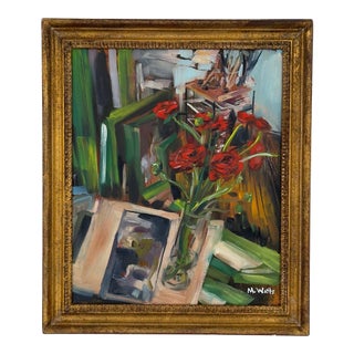 Vintage Original Oil Painting Red Roses Still Life For Sale
