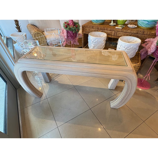 Vintage Coastal Palm Beach Pencil Reed Rattan Ming Console Table New Glass Top For Sale - Image 14 of 15