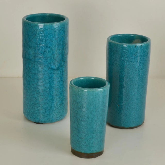 Blue Ceramic Cylinder Vases by Groeneveldt, Set of 10 For Sale - Image 11 of 14
