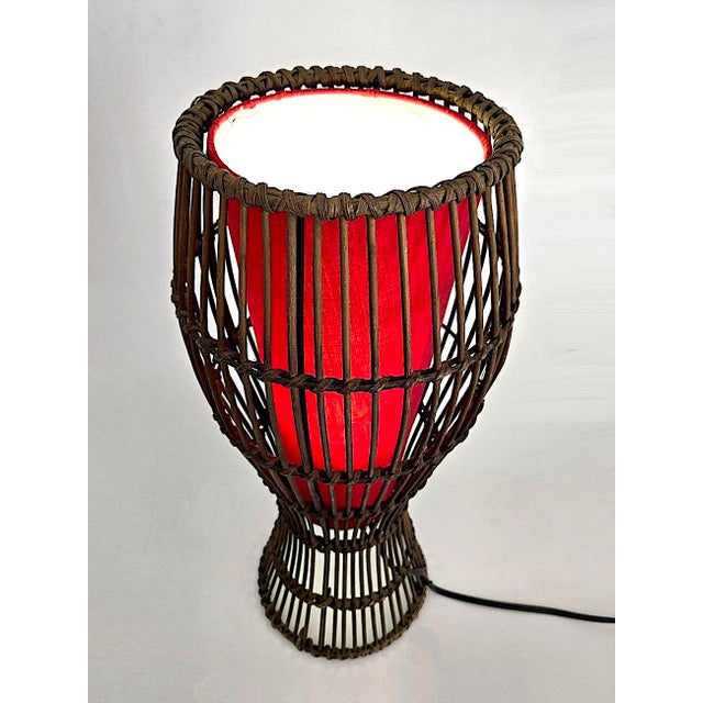 1970s Vintage Rattan Cage Lamp With Ruby Red Shade For Sale - Image 5 of 12