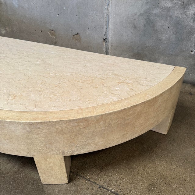 Vintage Post Modern Half Moon Beige Wood & Travertine Coffee Table For Sale In Los Angeles - Image 6 of 12