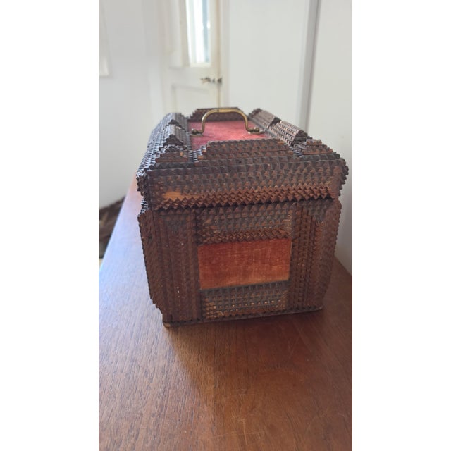 Wood Antique Tramp Art Wooden Box, Hand Carved Folk Art Chest, Chip Carved Jewelry Box, Rustic Primitive Storage, Collectible Decor For Sale - Image 7 of 17