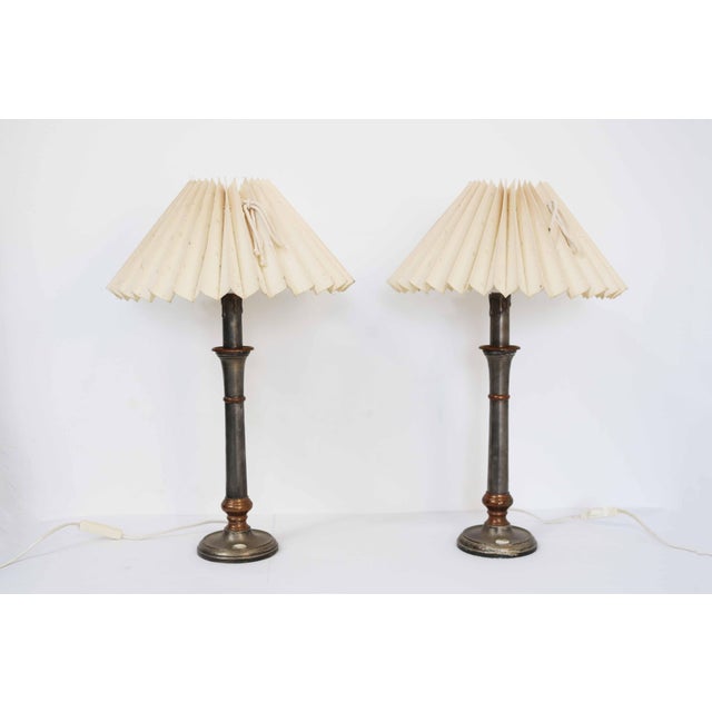 Metal French Country Table Lamps with Pleated Shades, France, 1980s, Set of 2 For Sale - Image 7 of 11