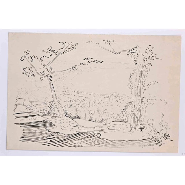 Landscape is an Original China Ink Drawing realized by François Quelvée (1884-1967). Good condition on a yellowed paper...