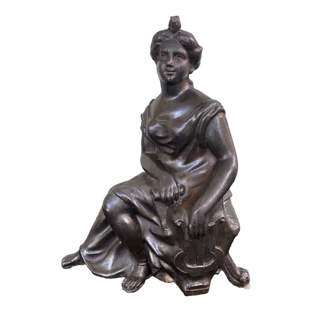 Antique Spelter Lady With Harp Sculpture, Classical Figural Accent, C. 1900–1920 For Sale