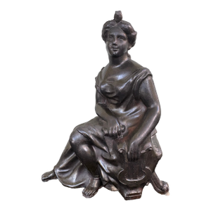 Antique Spelter Lady With Harp Sculpture, Classical Figural Accent, C. 1900–1920