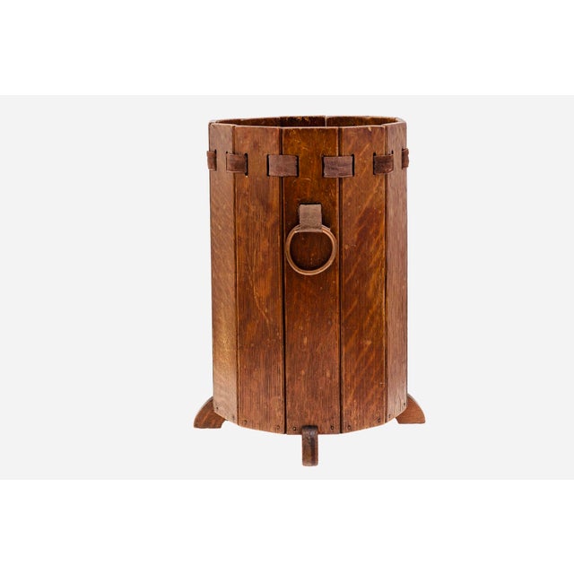 : “Art in the Home”—a beautifully preserved Lakeside Craft Shops oak and leather wastebasket from the golden age of...