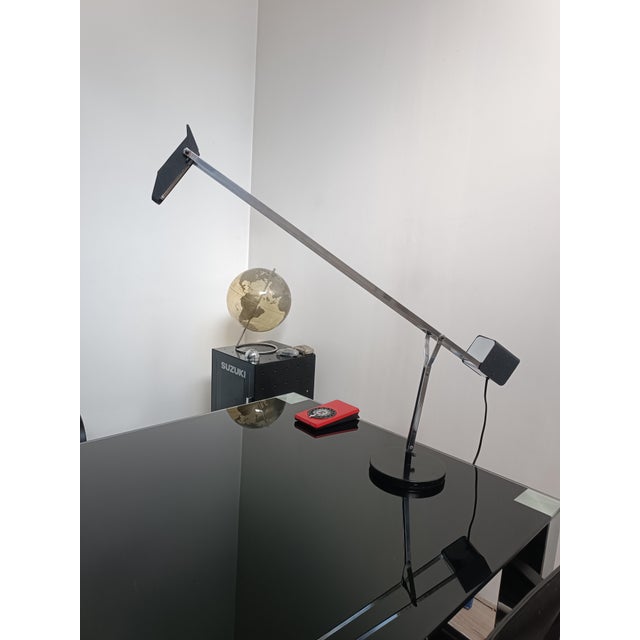 Magnificent Cisne Lamp by Fase Spain, 1980s. Very rare model with a chrome counterweight. Black lacquered metal base. It...