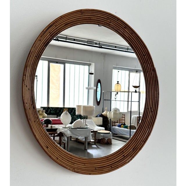 1960s Mid-Century Italian Circular Rattan Wall Mirror in the style of Vivai Del Sud, 1960s For Sale - Image 5 of 16