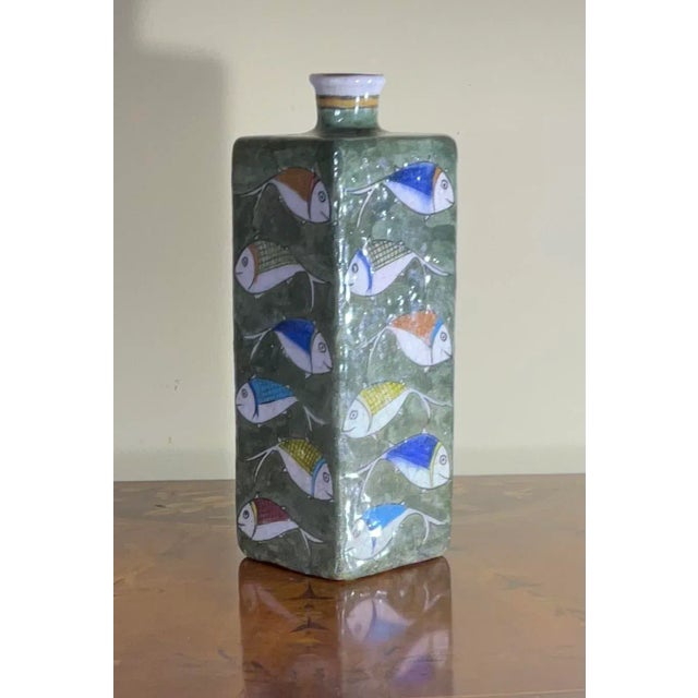 Vintage Hand Painted Square Ceramic Fish Vase For Sale - Image 4 of 11