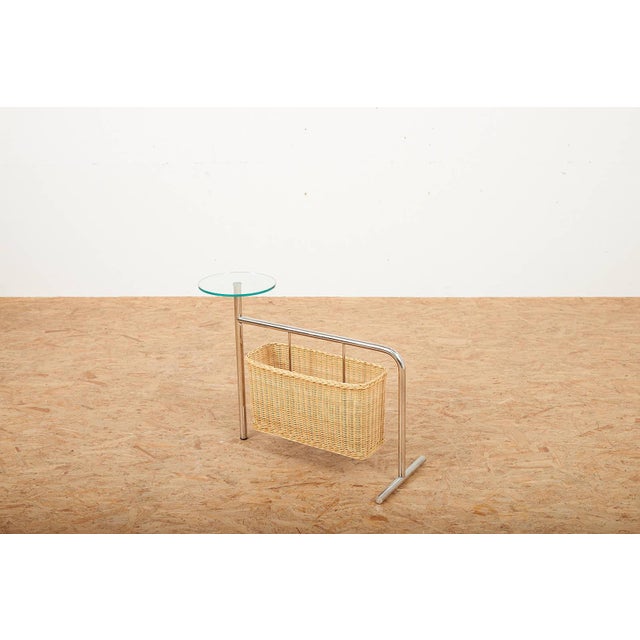Wood Magazine Rack Potto Frame in Chrome-Plated Tubular Steel, Woven Basket and Round Glass Shelf by Andrea Branzi for Zanotta, 1993 For Sale - Image 7 of 11