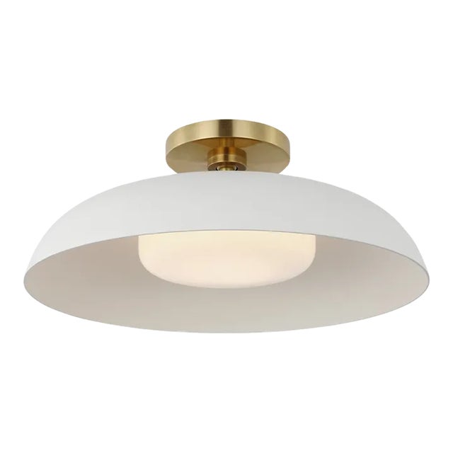 Amber Lewis for Visual Comfort Signature Cyrus 16" Flush Mount in Hand-Rubbed Antique Brass and White with White Glass For Sale