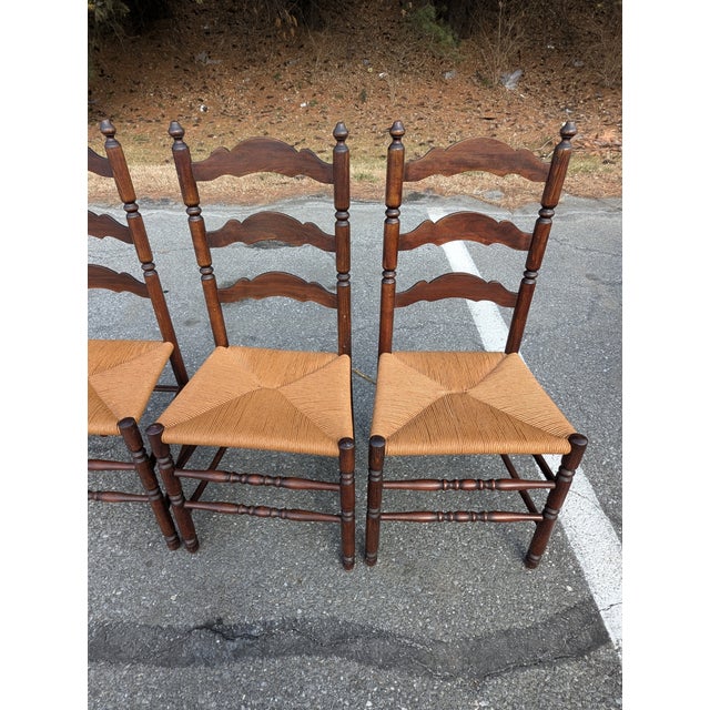 Textile Vintage Set of Four Colonial-Style Ladderback Dining Chairs With Rush Seats | Farmhouse, Shaker, French Country Style For Sale - Image 7 of 10