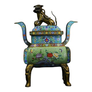 Chinese Cloisonné Incense Burner | Gilt Bronze Celestial Dog Finial & Floral Motif For Sale