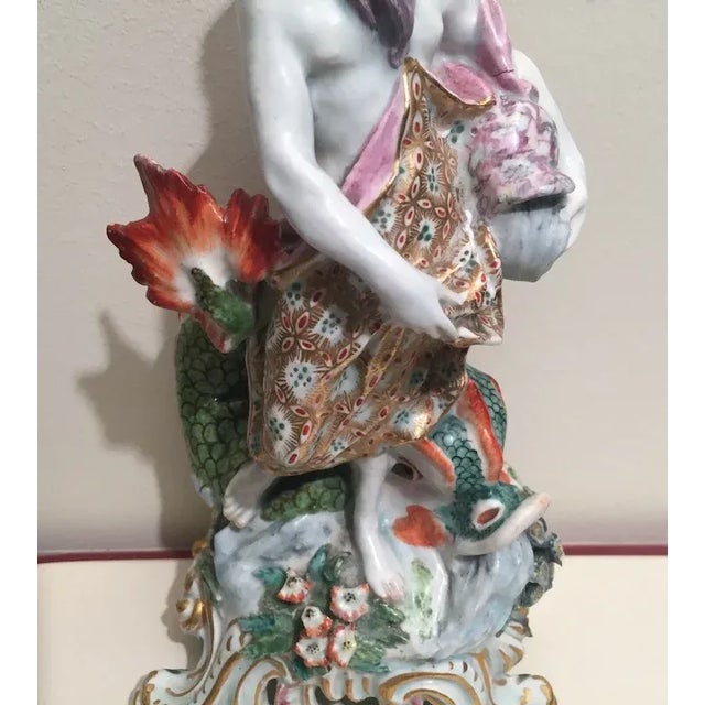 Neoclassical Antique 18th Century Bow Porcelain Figure of Neptune or Poseidon with a Dolphin Representing Water 1760 - 1765 For Sale - Image 3 of 13