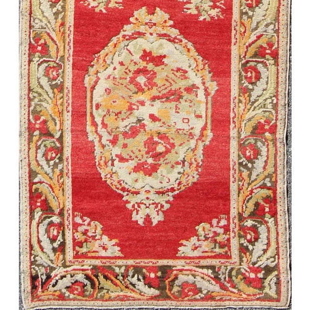 Turkish Red and Green Antique Turkish Oushak Runner With Three Floral Medallions For Sale - Image 3 of 8