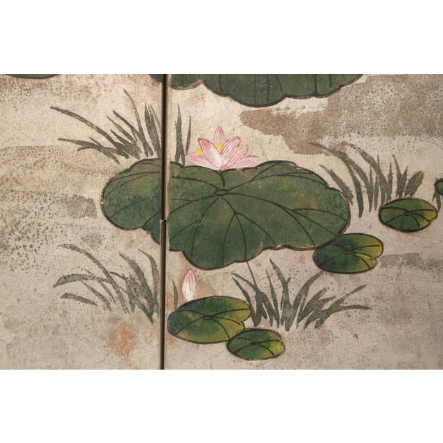 1950-1970s Chinese 4-Panel Painted Screen "Carps and Lotus" For Sale - Image 9 of 12