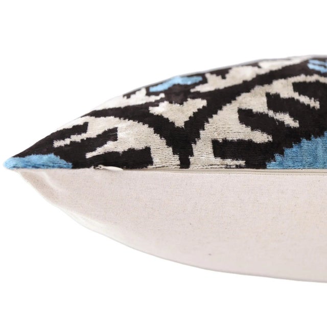 Blue Black Geometric Silk Velvet Pillow – 20x20 Handmade Ikat Throw Cushion For Sale - Image 4 of 7