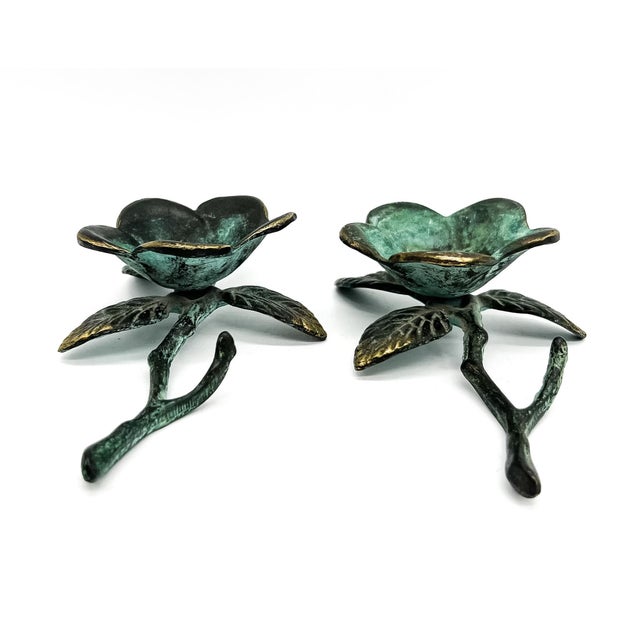 Contemporary Pair of Vintage Verdigris Brass Floral Sculptures / Candle Holders – Hollywood Regency / Botanical Style For Sale - Image 3 of 10