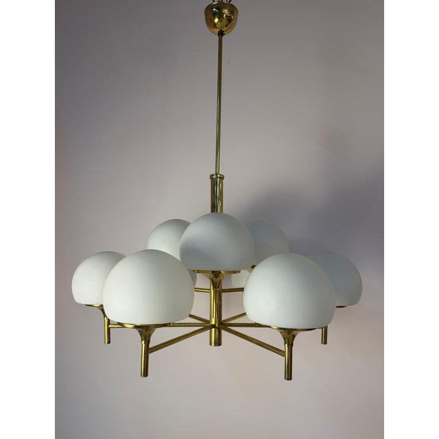 Type 2645 9-Light Chandelier in Brass and Opal Glass from Aloys Fischer Sundern For Sale - Image 3 of 11