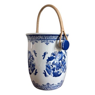 Ceramic Floral Blue White Chinoiserie Champagne Bucket With Rattan Handles For Sale