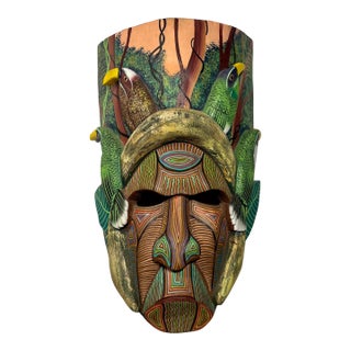 Vintage Boruca Indian Wall Art Costa Rica Hand Carved Painted Wood 10” X 6” For Sale