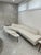 1960s white boucle mid century modern boomerang sofa. Adrian Pearsall style. Acorn color wood table built into the...