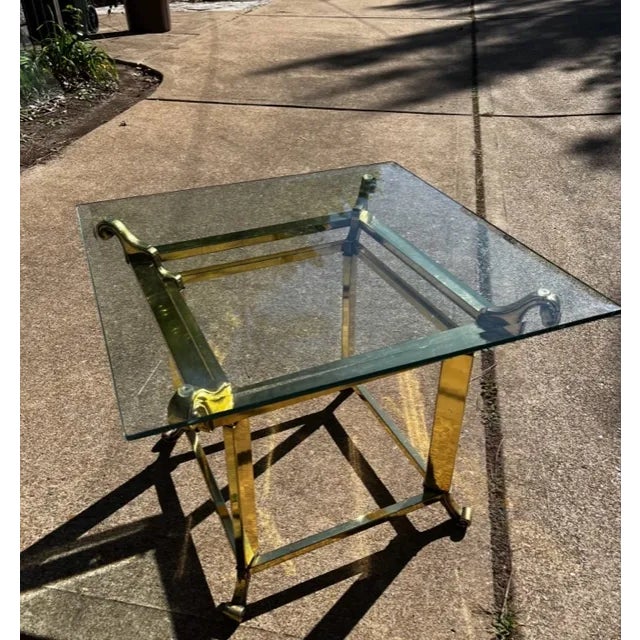Brass Hollywood Regency Brass Scroll Design Glass End Table For Sale - Image 8 of 10