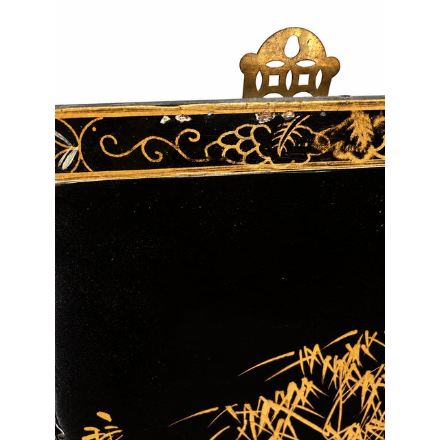 Late 20th Century Chinoiserie Black Lacquer & Mother-of-Pearl Relief Wall Panels — Set of 3 For Sale - Image 11 of 17