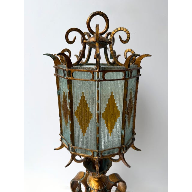 Large Hammered Glass Wrought Iron Lantern Lamp by Longobard, Italy, 1970s For Sale - Image 11 of 13
