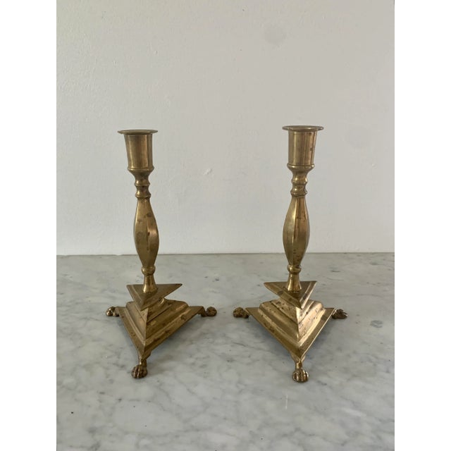 Pair of Neoclassical Brass Paw Foot Candlesticks For Sale - Image 4 of 10