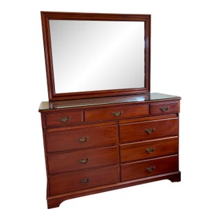 Vintage Cherry Wood 9 Drawer Dresser With Mirror For Sale