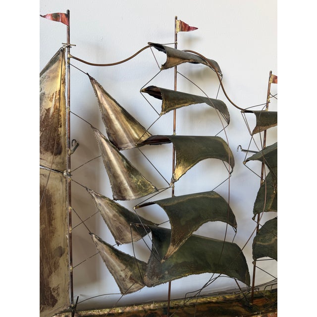 1970’s Vintage Curtis Jere Style Brutalist Metal and Copper Ship Wall Art Sculpture, Unsigned For Sale - Image 4 of 12