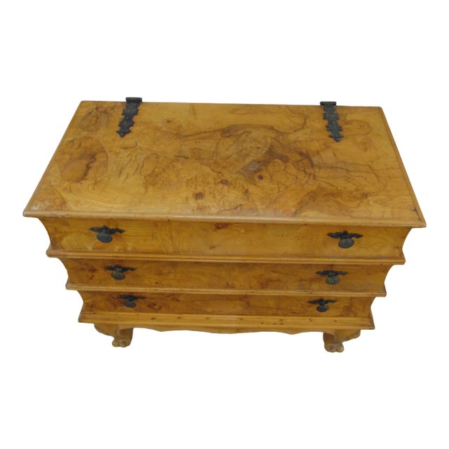 Italian book stack form side table made by Bloomingdales. Made of Burlwood, top lifts with storage inside, 2 drawers...