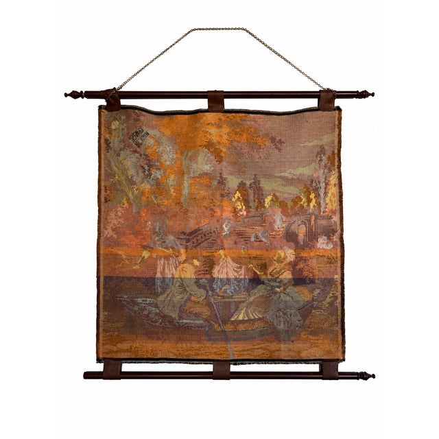 Brown Vintage French Pastoral Tapestry Wall Hanging With Wooden Rods, Mid 20th Century For Sale - Image 8 of 9