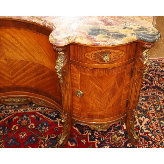 1920's French Style Marble Top Inlaid Walnut Vanity With Later Companion Mirror For Sale - Image 9 of 15