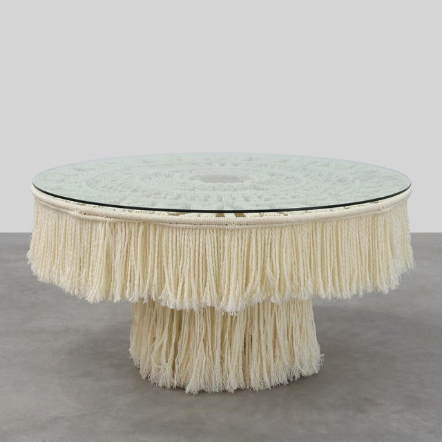 Monumental White Dining Table with Glass Top and Macramé, 1990s For Sale - Image 13 of 13