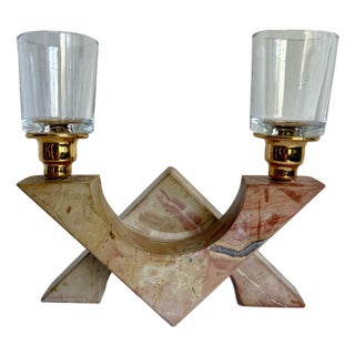 Vintage Postmodern Pink Marble Sculptural Double Candle Holder For Sale