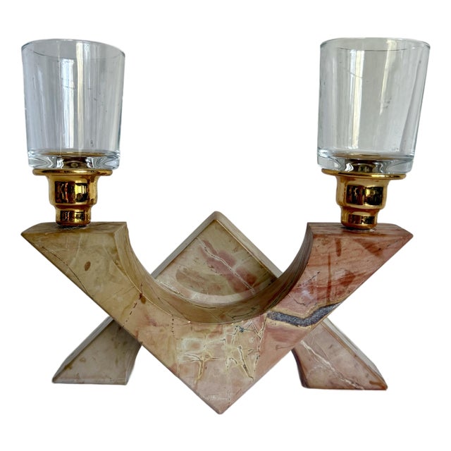 Vintage Postmodern Pink Marble Sculptural Double Candle Holder For Sale