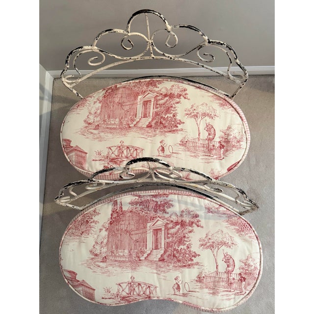 Late 20th Century Vintage Wrought Iron Children’s Benches With Custom Toile Cushions - A Pair For Sale - Image 5 of 14