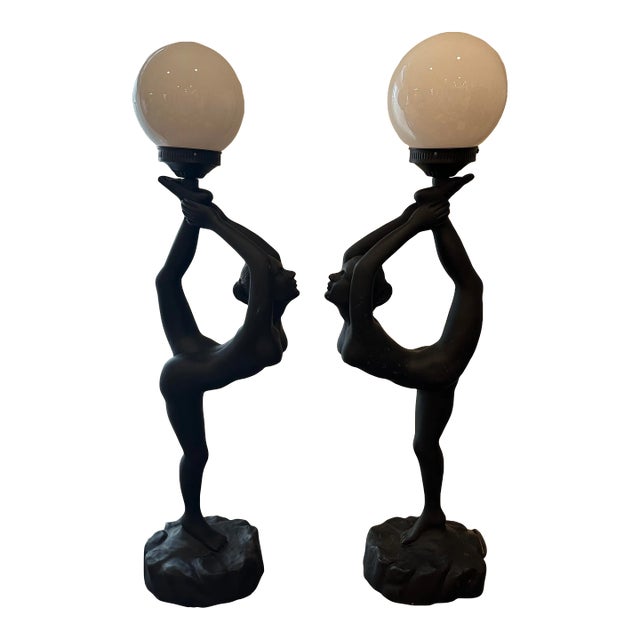 Art Deco Style, Nude Women Matching Black Tall Lamps - a Pair For Sale